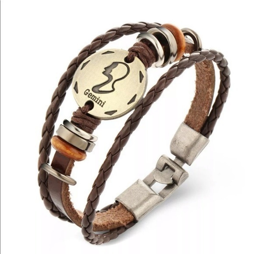Gemini Zodiac Astrology Sign Unisex Genuine Leather & Beaded Boho Bracelet -New